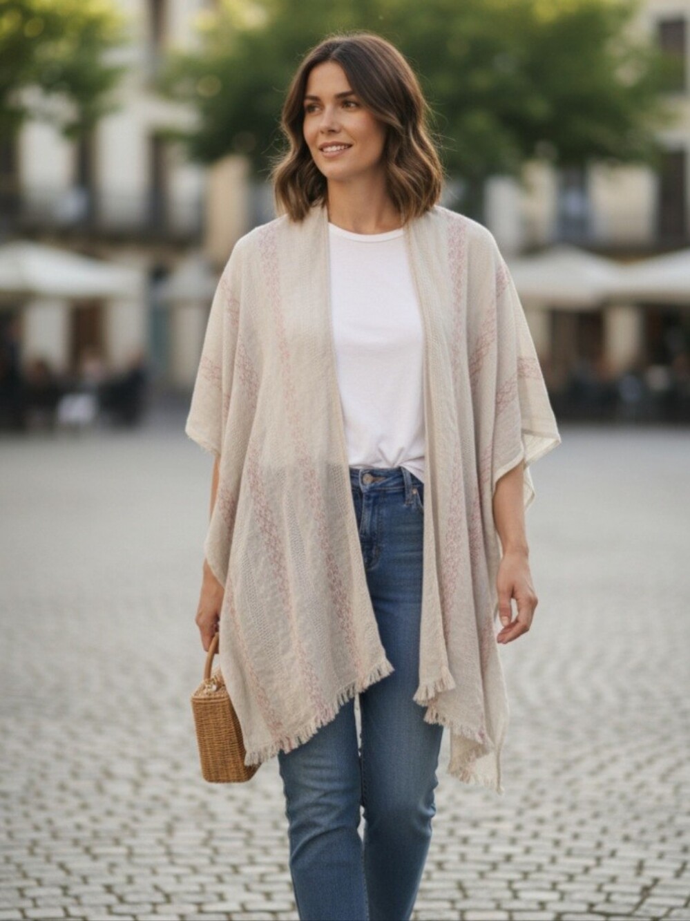 Lightweight Open Front Kimono Cardigan in Beige with Blush Accents